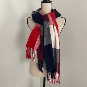 Blanket Scarf Plaid Warm Winter Shawl Wrap Fringe‎ Red Navy USA Preppy Holiday
